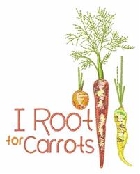 Playful carrots with green leaves and the phrase 'I Root for Carrots' in vibrant colors.