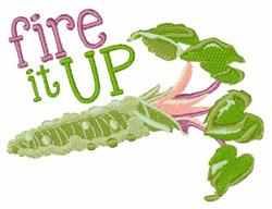 Playful carrot with vibrant green leaves and pink 'fire it up' text, perfect for gardening-themed kitchen decor.