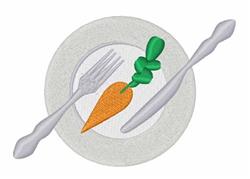 Plate with a vibrant carrot and fresh greens, silver fork and knife, clean and colorful culinary style.