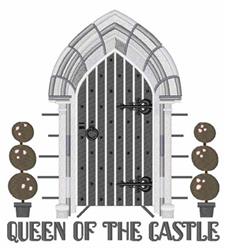 Whimsical castle door design featuring an arched door, ornate handles, and topiary balls, perfect for embroidery.