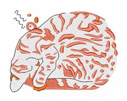 Cartoon cat resting with orange swirls on a white background, conveying coziness and relaxation.