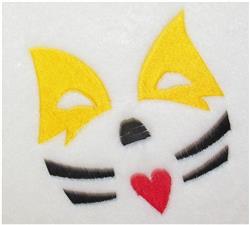 Whimsical cat face with yellow ears and black whiskers, featuring a playful red heart.