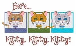 Playful cats design featuring three stylized feline faces in colorful frames with fun text 'Here... Kitty, Kitty, Kitty!'