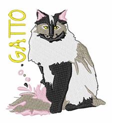 Playful cartoon cat with fluffy fur in white, gray, and black, featuring vibrant yellow eyes and a pink accent.