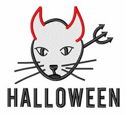 Playful cat head with red devil horns and a daring expression, perfect for Halloween decorations.