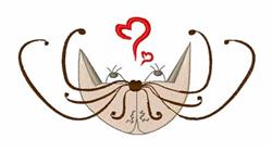 Playful cat with light brown fur, swirling whiskers, and red hearts, perfect for an adorable embroidery project.