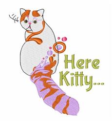 Playful cat in applique with orange and white fur, vibrant purple bubbles, and the text 'Here Kitty...'