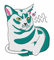 Playful cat with green and white fur, quirky design, and yellow eyes. Perfect for embroidery on kitchen towels.