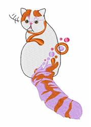 Playful cat with white body and orange patches, vibrant orange and purple tail, surrounded by whimsical swirls and bubbles.