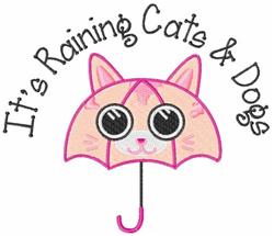 Playful cat face on a pink umbrella with large eyes, featuring 'It's Raining Cats & Dogs' text above.
