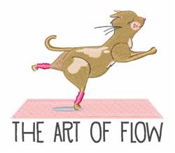 Playful brown cat with pink leg wraps leaps over a pink yoga mat. Cheerful 'THE ART OF FLOW' text adds whimsy.