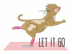 Playful cat mid-leap on a yoga mat, wearing pink leg warmers and a tan and white coat, perfect for home decor.