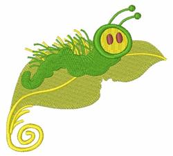 Whimsical green caterpillar with yellow eyes perched on an elegant leaf, perfect for vibrant nature-themed embroidery.