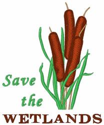 Three tall cattails with brown heads and vibrant green leaves, featuring 'Save the WETLANDS' text below, eco-friendly theme.