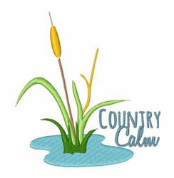Whimsical scene of yellow cattails rising from blue water, surrounded by green grass. Serene nature theme.