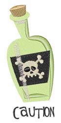 Applique green potion bottle with a skull and crossbones, playful font 'CAUTION' beneath, Halloween theme.