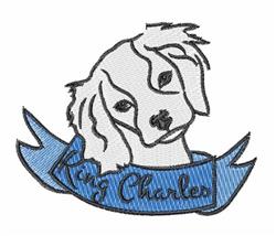 Cartoonish dog head of a Cavalier King Charles Spaniel with long ears, featuring a blue ribbon and text 'King Charles'.