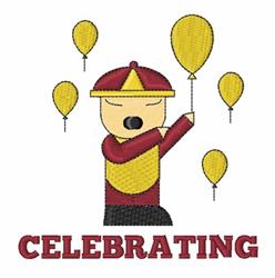Cartoonish child celebrating with yellow balloons, joyfully wearing a red and yellow outfit. The word 'CELEBRATING' is displa