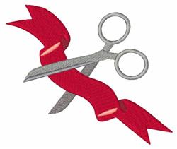 Gray scissors in a playful design cutting a vibrant red ribbon, perfect for festive celebrations.