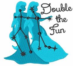 Whimsical celestial silhouettes featuring blue figures connected by starry lines with 'Double the Fun' text.