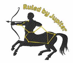 Cartoonish centaur with bow and arrow amid glowing constellation lines, 'Ruled by Jupiter' text above in cheerful font.