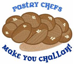 A vibrant pile of challah bread rolls with light brown highlights and bold blue text saying 'Pastry Chefs Make You CHALLaH!'