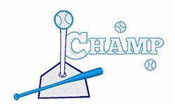Playful baseball theme featuring 'CHAMP' in light blue thread with a home plate, baseball bat, and scattered baseballs.