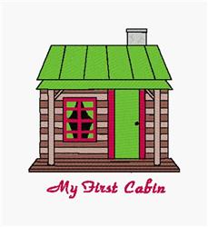 Playful cabin with a green roof, red window, and door, embroidered with 'My First Cabin' in vibrant colors.