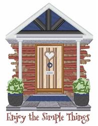 Charming front door with a heart-shaped cutout, flanked by potted plants, against a whimsical brick wall.