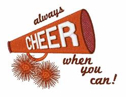 Cheer megaphone in vibrant orange with white text, surrounded by playful pom poms, perfect for sports celebrations.