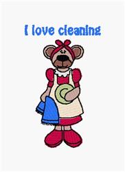 Cheerful bear character in a red dress and headband, holding cleaning items and text 'I love cleaning'.