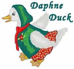 Cheerful duck in a green outfit and red patterned pants with a cozy hood and scarf. Playful embroidery suitable for children.