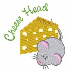 Playful gray mouse with oversized ears and cheese, featuring 'Cheese Head' text in whimsical green font.