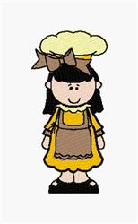 Cartoon girl chef in yellow dress, brown apron, and big chef's hat, smiling cheerfully.