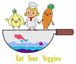 Playful chef holding an onion and carrot in a colorful bowl with fish, perfect for a children's kitchen theme.