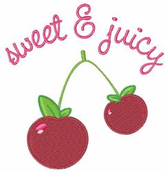 Playful cherries with vibrant red hues and green leaves, featuring 'sweet & juicy' in pink text.