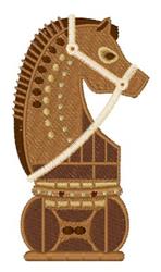 Stylized chess horse piece in brown tones with highlighted mane, perfect for embroidery on fabric projects.