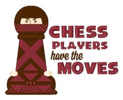 Cartoon chess pawn in warm brown and maroon with playful text reading 'CHESS PLAYERS HAVE THE MOVES'.