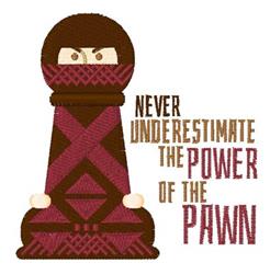 Cartoon chess pawn in dark brown and maroon, featuring bold geometric patterns and playful text.