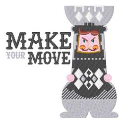 Playful chess piece with vivid expressions and bold pink, black, and gray colors, featuring whimsical text 'MAKE YOUR MOVE'.