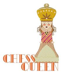 Whimsical chess queen character with a vibrant crown and flowing dress, featuring playful 'CHESS QUEEN' text.