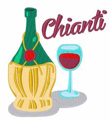 Colorful Chianti wine bottle with red wine and glass, featuring cheerful maroon text above, perfect for dinner parties.