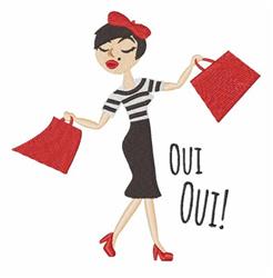 Playful chic woman holding red shopping bags with a stylish bow in her hair. Trendy spring design.