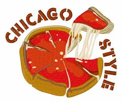 Chicago-style pizza with a gooey cheese slice and vibrant red sauce, featuring golden crust and playful 'CHICAGO STYLE' text.