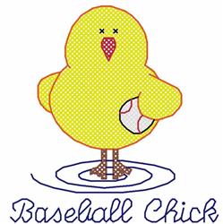 Cross stitch yellow chick holding a baseball, with bright colors and playful text 'Baseball Chick' for spring.
