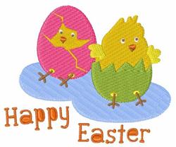Playful yellow chick emerging from a pink cracked Easter egg with a blue background, perfect for festive celebrations.