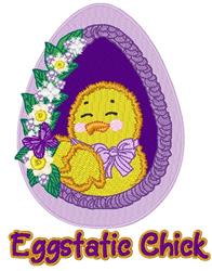 Cheerful chick in a purple egg with flowers, perfect for Easter. Playful and colorful applique design.