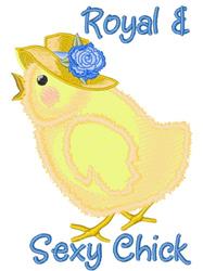 Whimsical chick with fluffy outlines wearing a blue rose hat, celebrating Easter in vibrant colors.