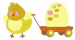 Cute yellow chick beside an orange wagon carrying a large pastel egg, perfect for Easter celebrations.