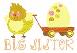 Playful yellow chick pulling a colorful wagon with a pastel Easter egg, perfect for cheerful spring designs.